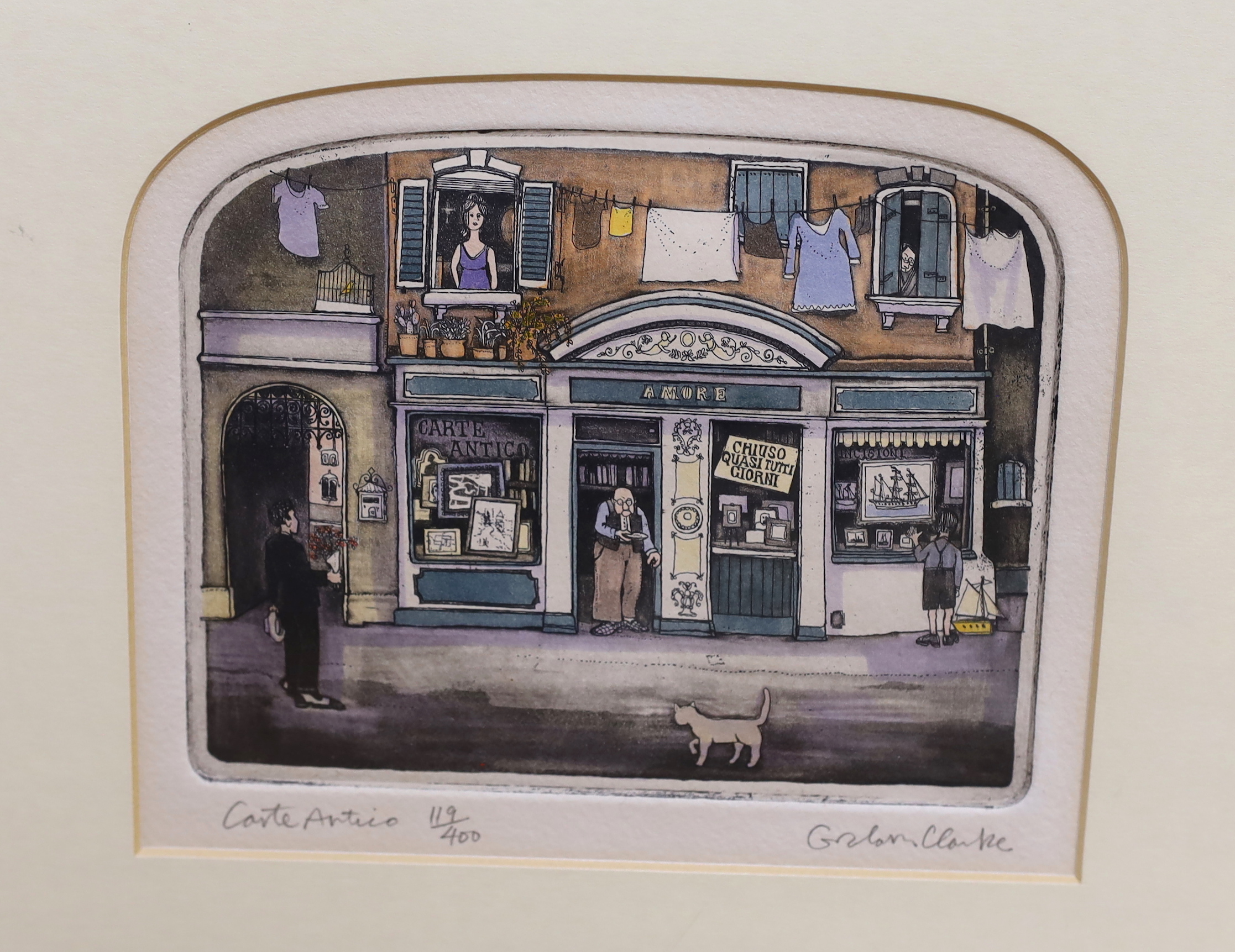 Graham Clarke (b.1941) set of four colour etchings, including 'Trattoria Romantica' and 'Carte Antico' signed in pencil, each limited edition of 400, CCA Gallery, New York labels verso, 19 x 16cm